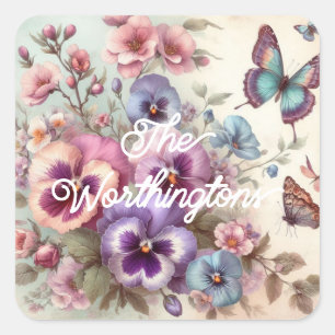Name Watercolor Vintage Pansies Flowers Pastels Square Sticker