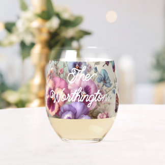 Name Watercolor Vintage Pansies Flowers Pastels Stemless Wine Glass