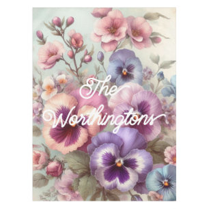 Name Watercolor Vintage Pansies Flowers Pastels  Tablecloth