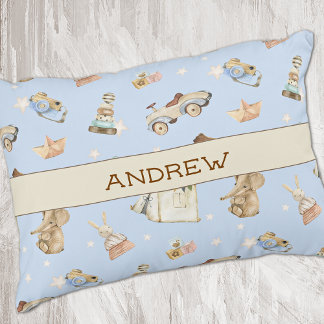 Name Watercolor Vintage Toys Pattern Blue Decorative Cushion