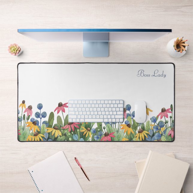 Name, Watercolor Wildflowers Border Pattern  Desk Mat (Office 1)