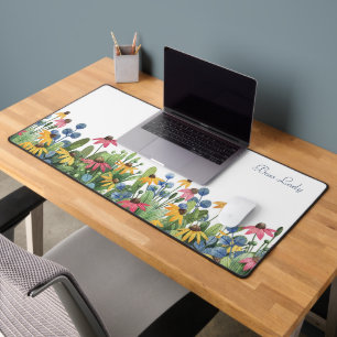 Name, Watercolor Wildflowers Border Pattern Desk Mat