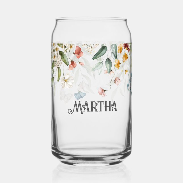 Name, Watercolor Wildflowers Floral Drop Can Glass (Front)