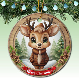 Name Whimsical Reindeer Rustic Holiday Tree 🦌🎄 Ceramic Tree Decoration