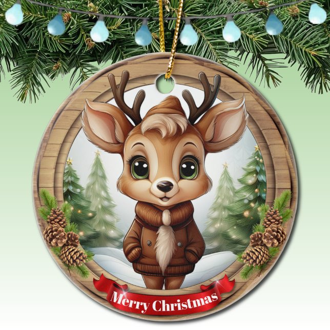 Name Whimsical Reindeer Rustic Holiday Tree 🦌🎄 Ceramic Tree Decoration (Custom Name Whimsical Reindeer Rustic Xmas Deer with Antler Animal Holiday Tree ceramic ornament🦌🎄)