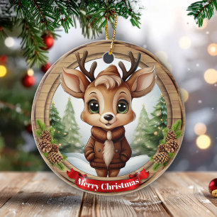Name Whimsical Reindeer Rustic Holiday Tree 🦌🎄 Ceramic Tree Decoration