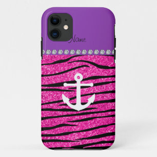 Name white anchor hot pink glitter zebra stripes iPhone 11 case