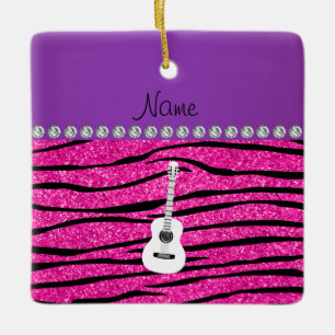 Name white guitar hot pink glitter zebra stripes ceramic ornament