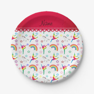 Name white gymnastics rainbows unicorns paper plate