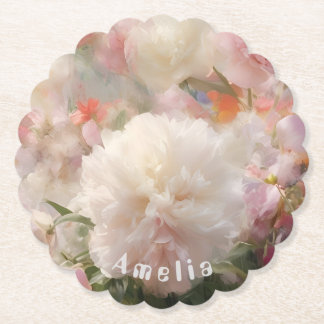 Name White & Pink Peonies Watercolor Painting Paper Coaster