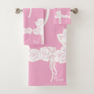 Name White Roses Pink Gift Bath Towel Set