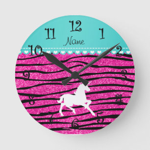 Name white unicorn hot pink glitter zebra stripes round clock