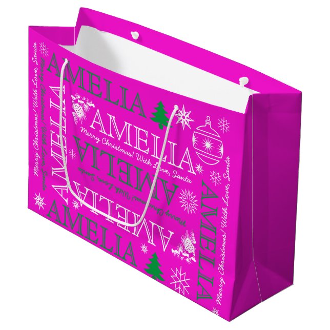 Name with 6 Letters Modern Pink Christmas Pattern Large Gift Bag (Front Angled)