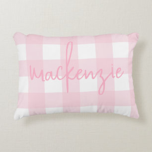 Name with Pink and White Buffalo Check Decorative Cushion