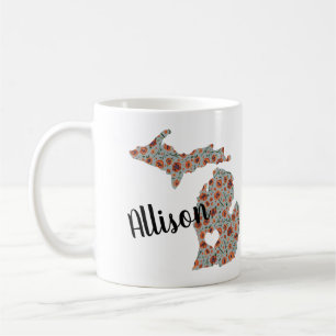 Name With State Of Michigan Poppies & Floral Print Coffee Mug