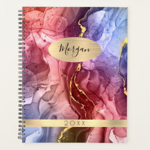 Name & Year, Red, Blue & Gold Ink Abstract Planner