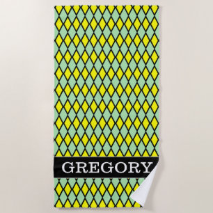 Name + Yellow and Green Diamond Shape Pattern Beach Towel