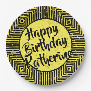 Name: Yellow/Black Happy Birthday Diagonal Stripes Paper Plate