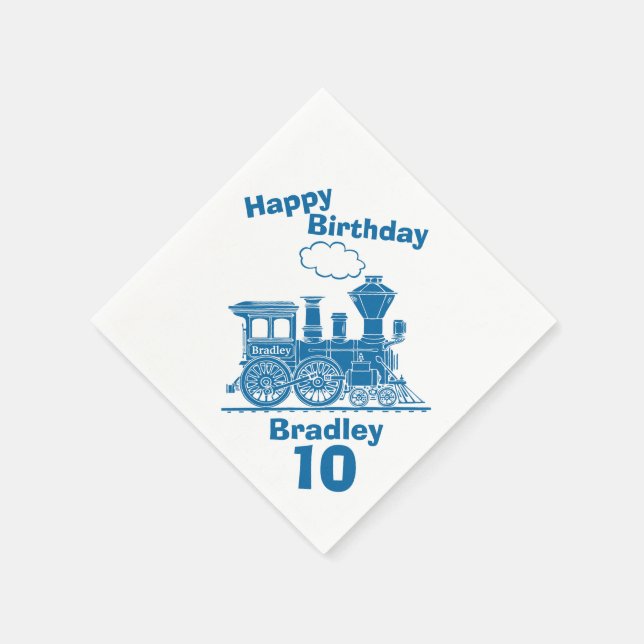 Named blue train boys 10th birthday napkins (Corner)