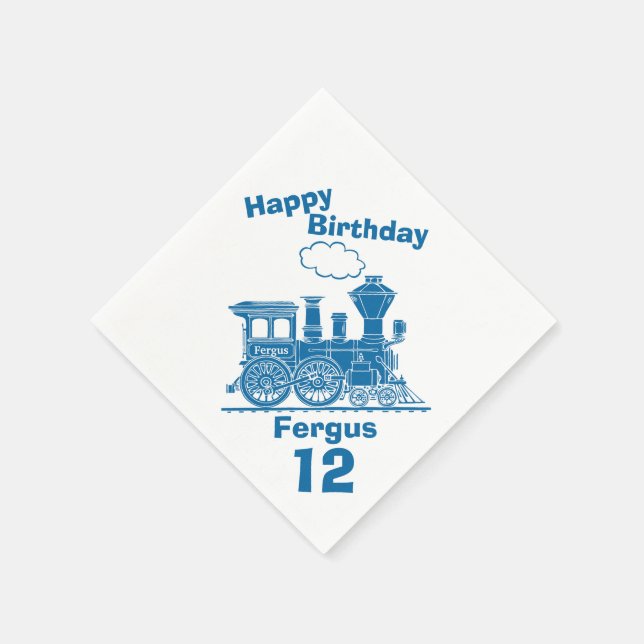 Named blue train boys 12th birthday napkins (Corner)