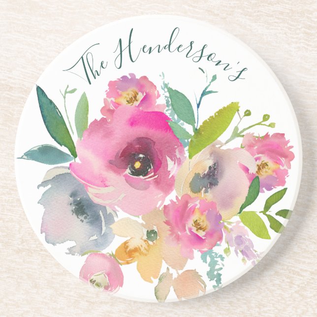 Named Bohemian Pastel Watercolor Roses Coaster (Front)