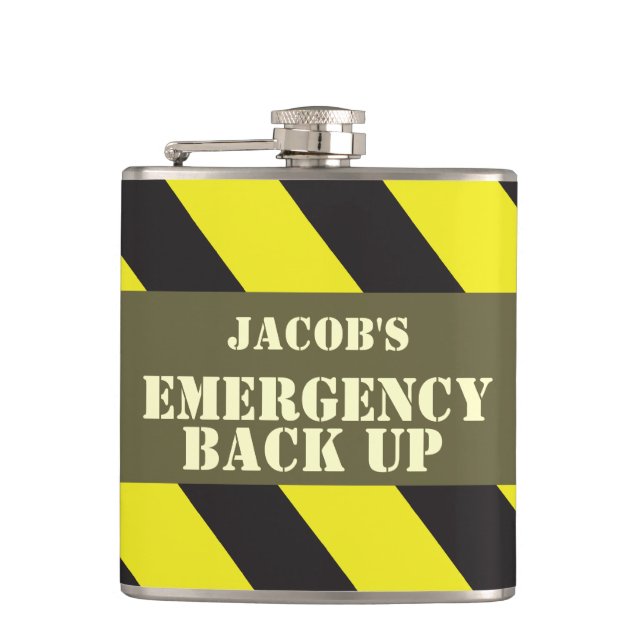 Named emergency back up chevron mens hip flask (Front)