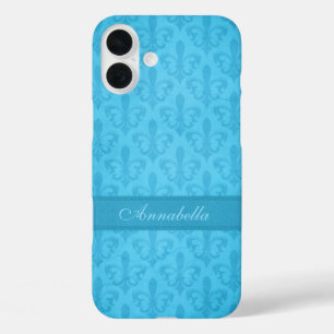 Named Fleur de Lis damask blue  iPhone 16 Plus Case