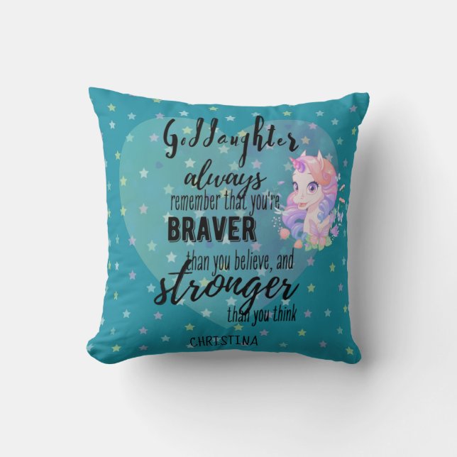 Named GODDAUGHTER Motivational Quote Unicorn Teal  Cushion (Front)