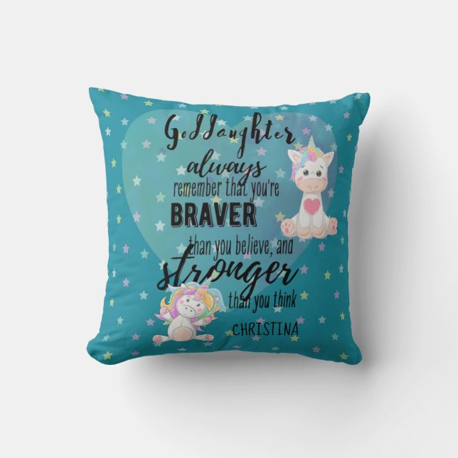 Named GODDAUGHTER Motivational Quote Unicorn Teal  Cushion (Front)