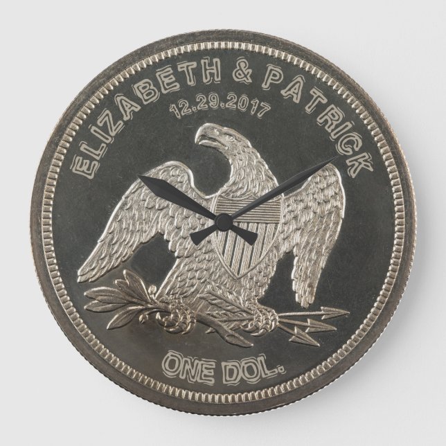 Named Silver 1865 Dollar Wedding Or Anniversary Large Clock (Front)