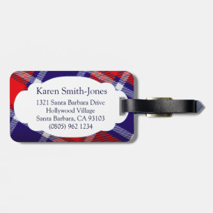 Named tartan blue, red & white luggage tag