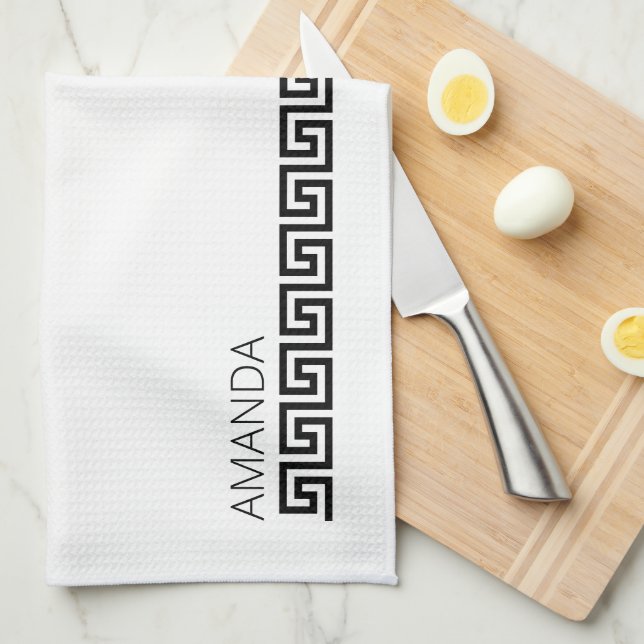 Named Timeless Black White Greek Key Tea Towel (Quarter Fold)