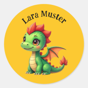 Namensaufkleber - Babydrache grün gelb Classic Round Sticker