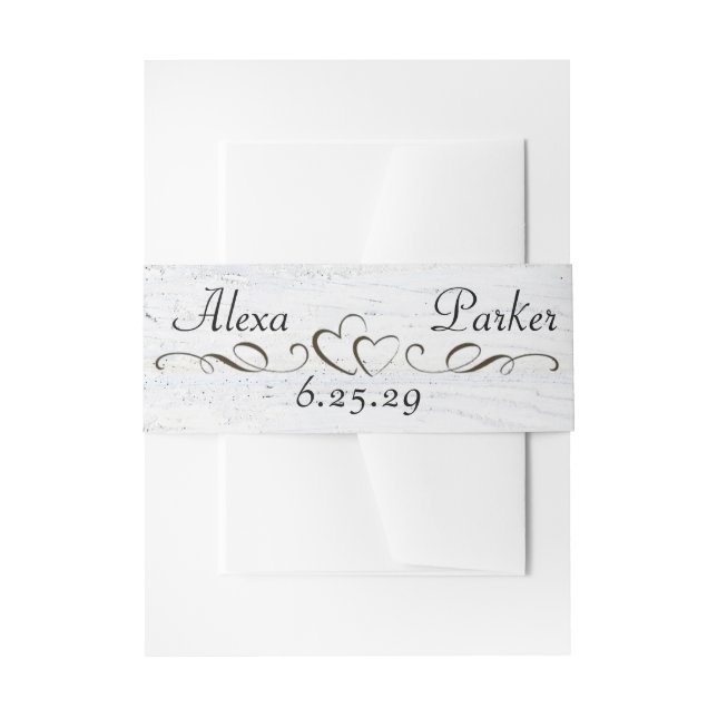 Names and Hearts On White Washed Wood Invitation Belly Band (Front Example)