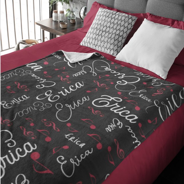 Names and Speckled Musical Notes allover black Fleece Blanket (Creator Uploaded)