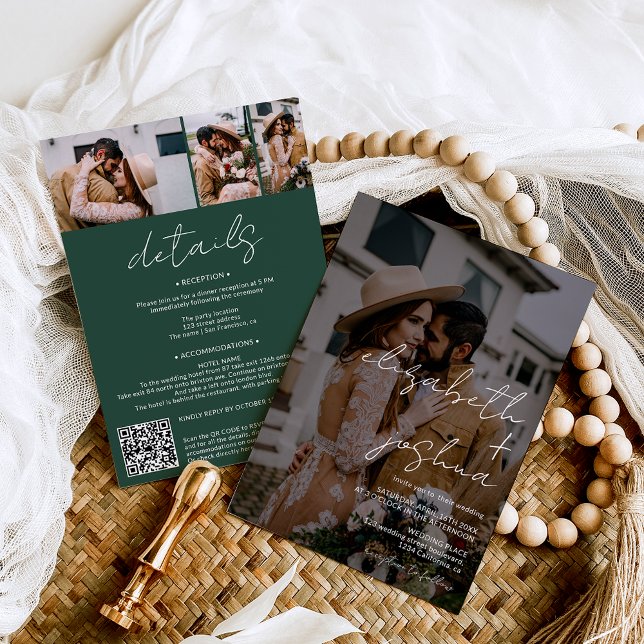 Names calligraphy green 4 photo all in one wedding invitation (Names calligraphy green 4 photo all in one wedding invitation on green)