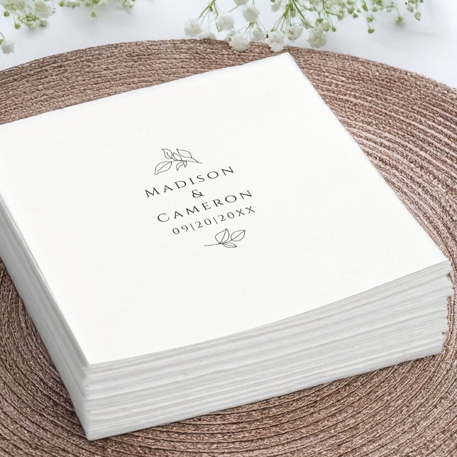 Names & Date Elegant Wedding Leaves Black & White Napkin (Names & Date Elegant Wedding Leaves Black & White Napkins)