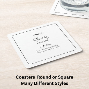 Names Date Message Black White Infinity Scroll,  Square Paper Coaster