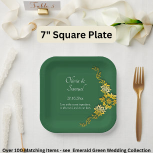 Names Date Message Emerald Green & Gold 7" Square Paper Plate