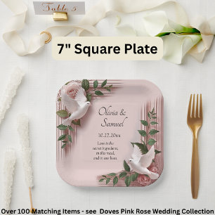 Names Date Message Pink Roses & Doves Wedding 7" Paper Plate