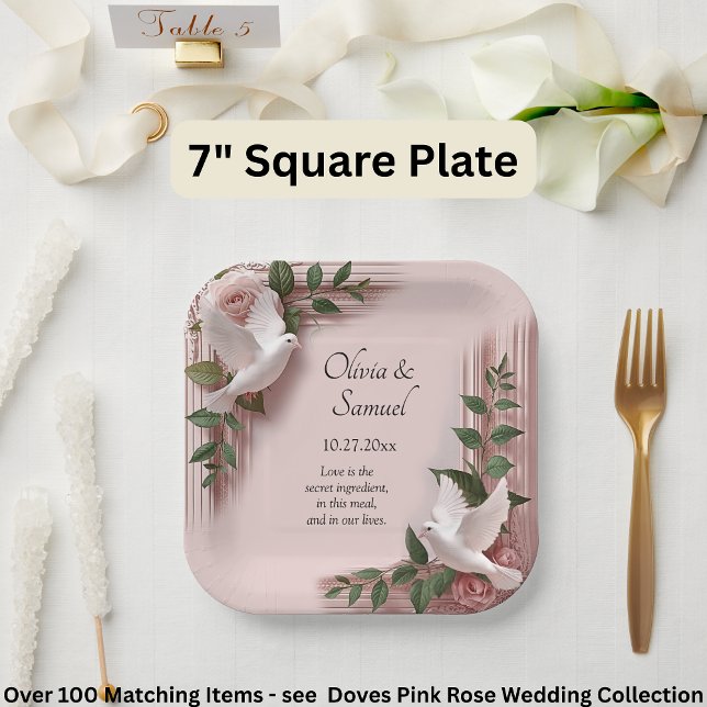 Names Date Message Pink Roses & Doves Wedding 7"  Paper Plate (Creator Uploaded)