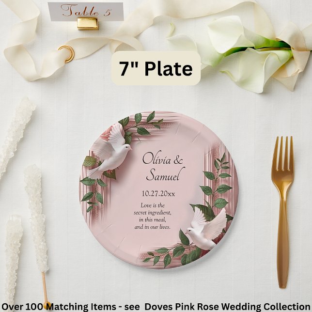 Names Date Message Pink Roses & Doves Wedding 7" Paper Plate (Creator Uploaded)