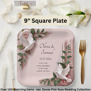 Names Date Message Pink Roses & Doves Wedding 9"  Paper Plate