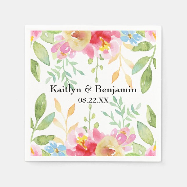 Names & Date w/ Colourful Watercolor Flowers Napkin (Front)