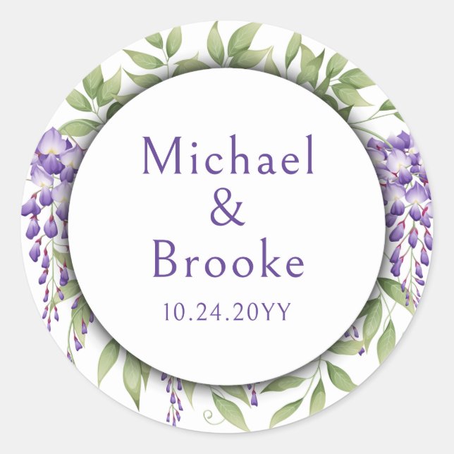 Names Elegant Purple Wisteria Floral Wedding Classic Round Sticker (Front)