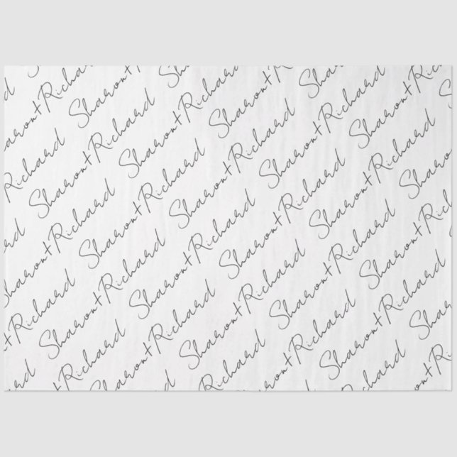 Names in black, white script calligraphy wedding tissue paper (Front)