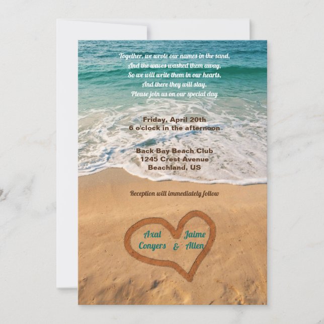 Names in Heart on the Beach Wedding Invitation (Front)