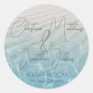Names in the Sand Beach Wedding Classic Round Sticker
