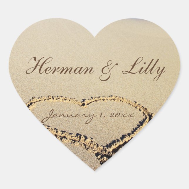 Names In The Sand Personal Heart Wedding Sticker (Front)