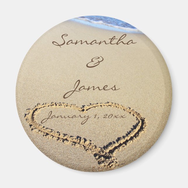 Names in the Sand Personal Round Wedding Magnet (Front)